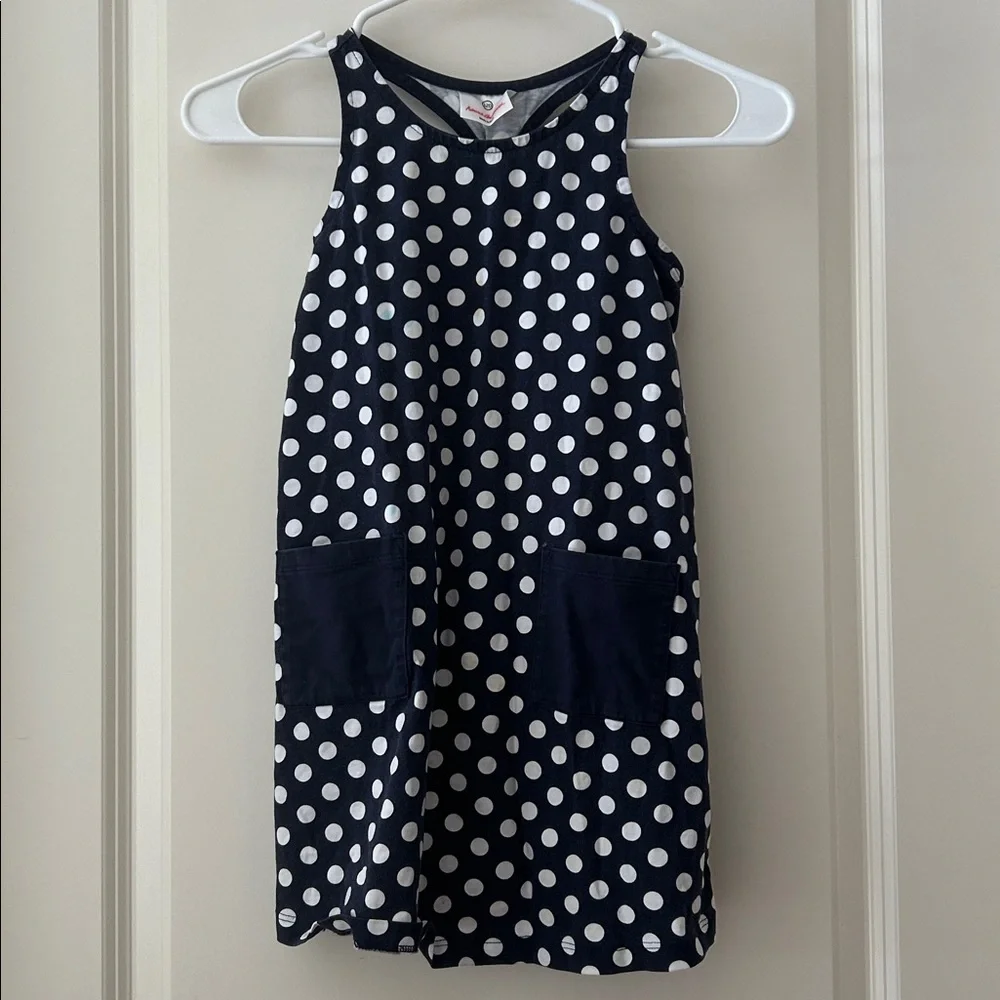 Hanna Andersson PolkaDot Sleeveless Dress self tie bow detail back size 6-7(120)